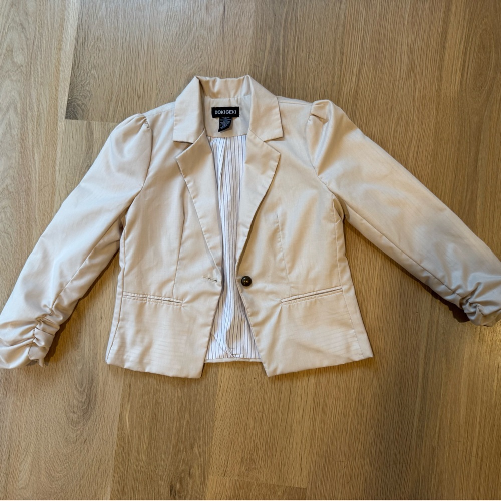 Beige Blazer with Ruched Sleeves
